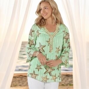 Soft Surroundings Stella Marina 2 Piece Sheer Top & Tank Shell Embellished Set L